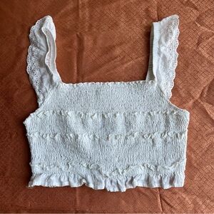 Le Lis Crop Top Cotton White Smocked Ruffle with Lace Straps Small